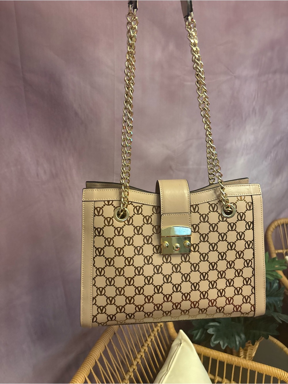 Valentino Rose-Gold/Beige Monogram Chain Shoulder Bag with Gold Hardware